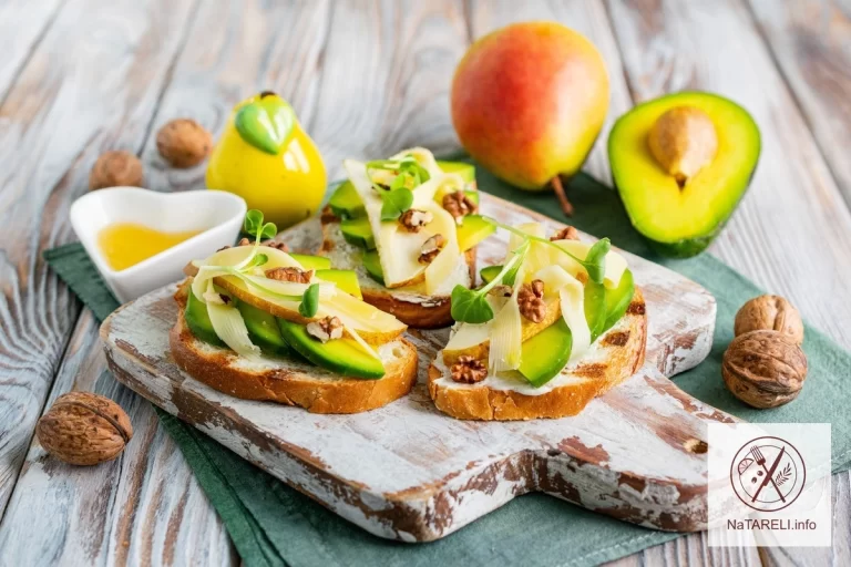 Toast with avocado, pear and walnuts