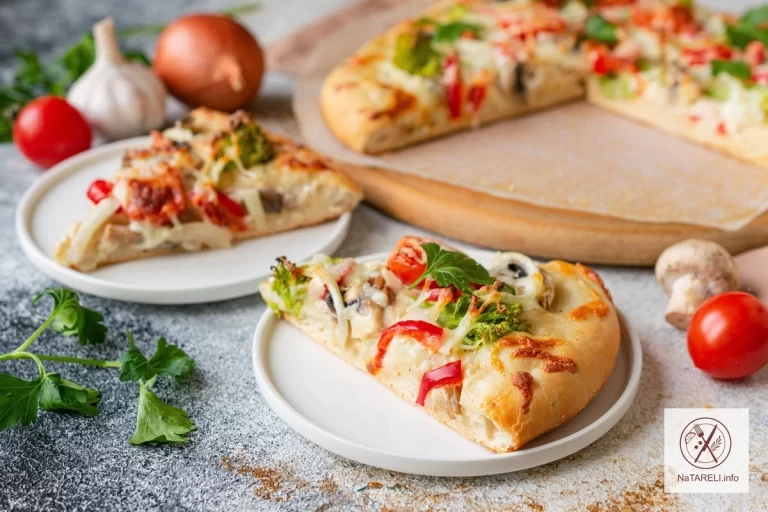 Pizza on yeast dough with vegetables and mushrooms